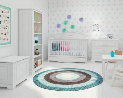 Kinder- oder Babyzimmer Gute Nacht in Weiss 4-teilig: Bett, Kommode, Truhe und Regal